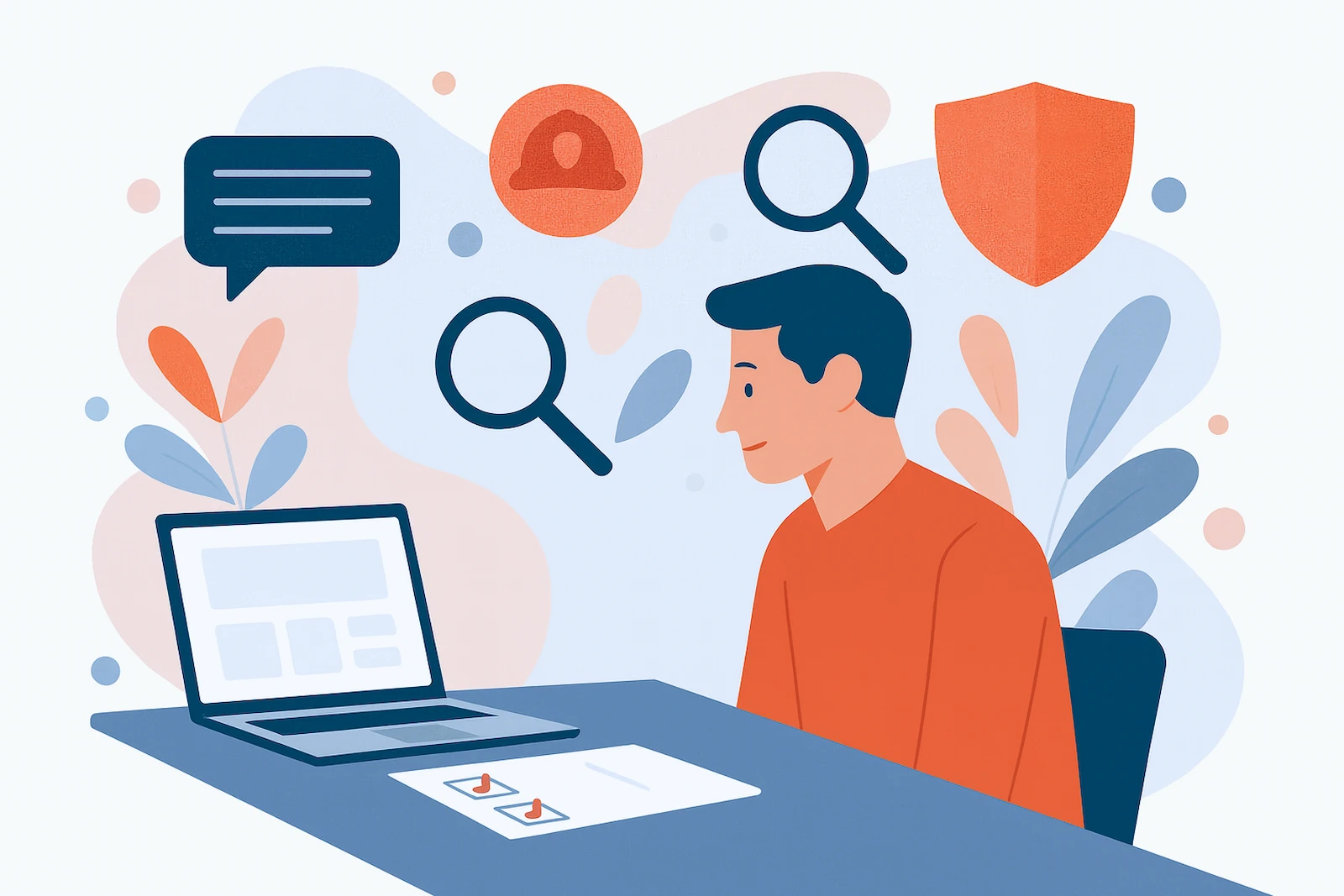 Firefighter application and interview preparation: candidate at a laptop reviewing a checklist with magnifying glass, speech bubble, and shield icons.