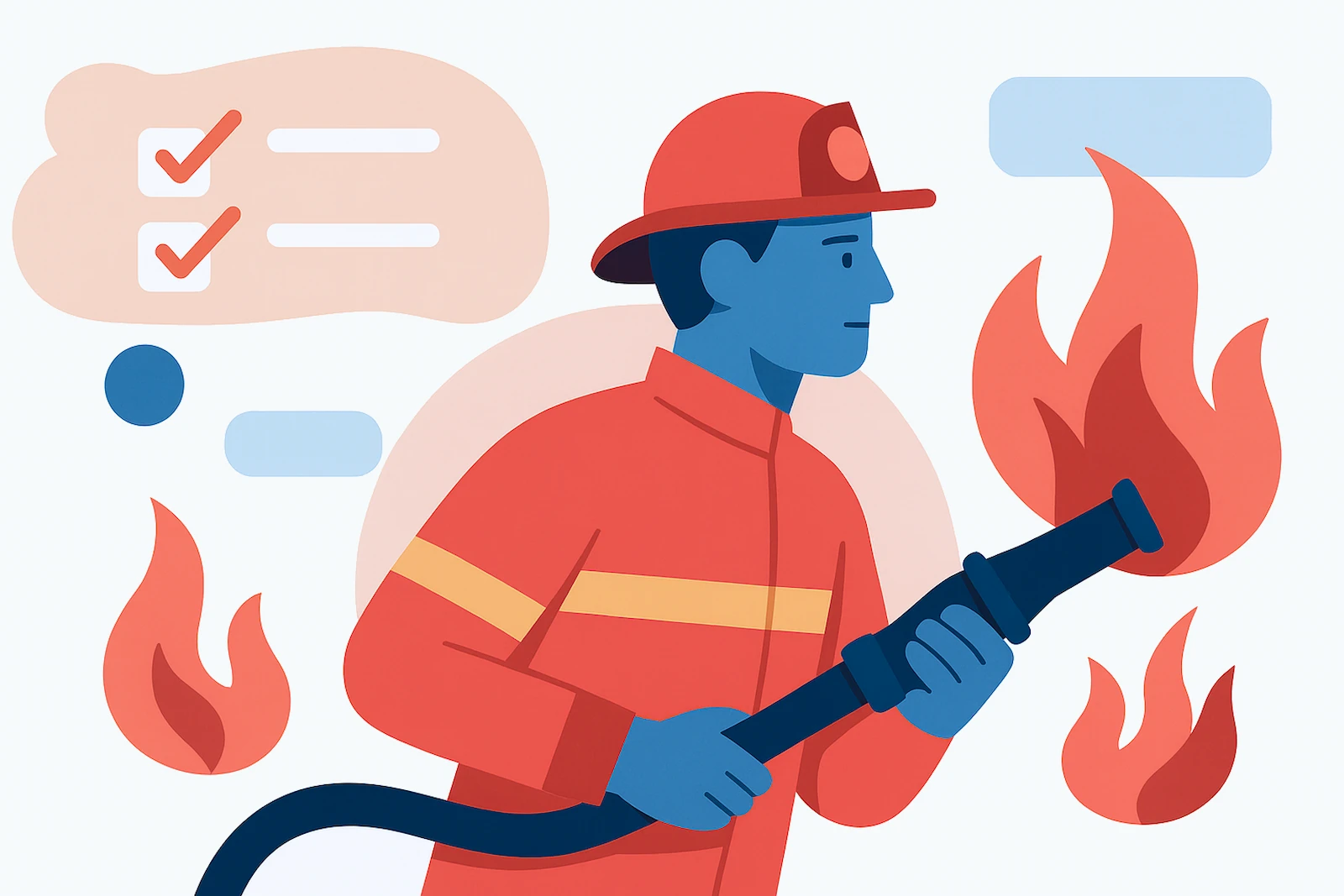 Firefighter resources: illustration of a firefighter using a hose with flames and checklist icons.