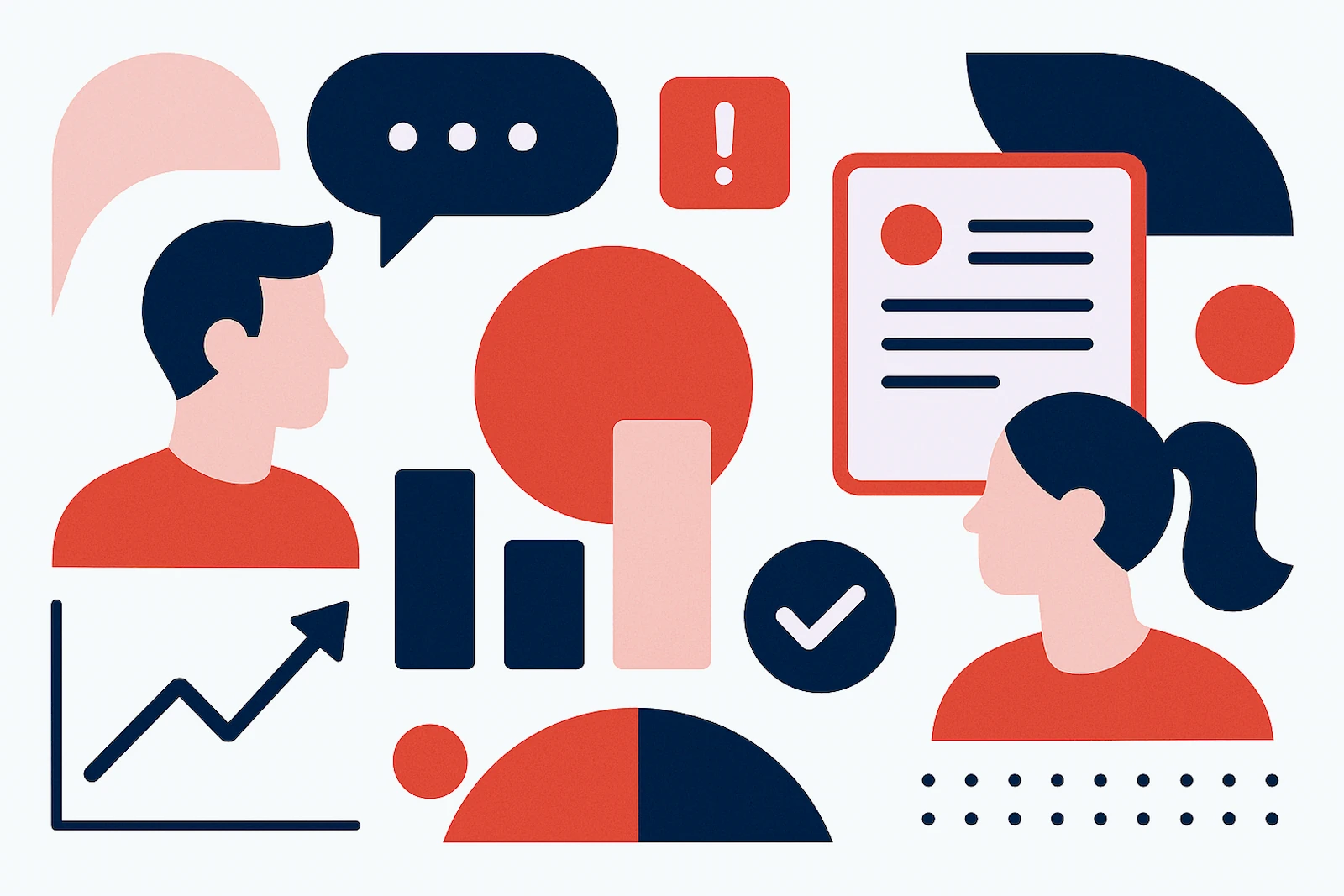 Firefighter information sessions: two speakers with chat bubbles, charts, documents, and checkmark, indicating collaborative and informative conversations.