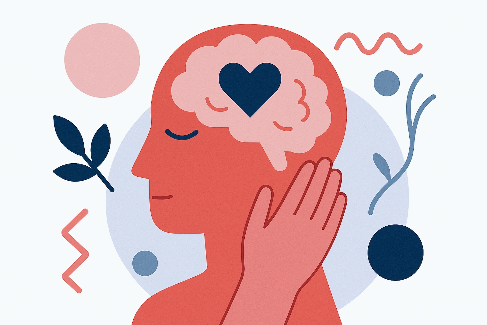 Firefighter mental health resources: calm illustration of a person with a heart int he brain, hand to head, and leaves, symbolizing support and wellbeing.