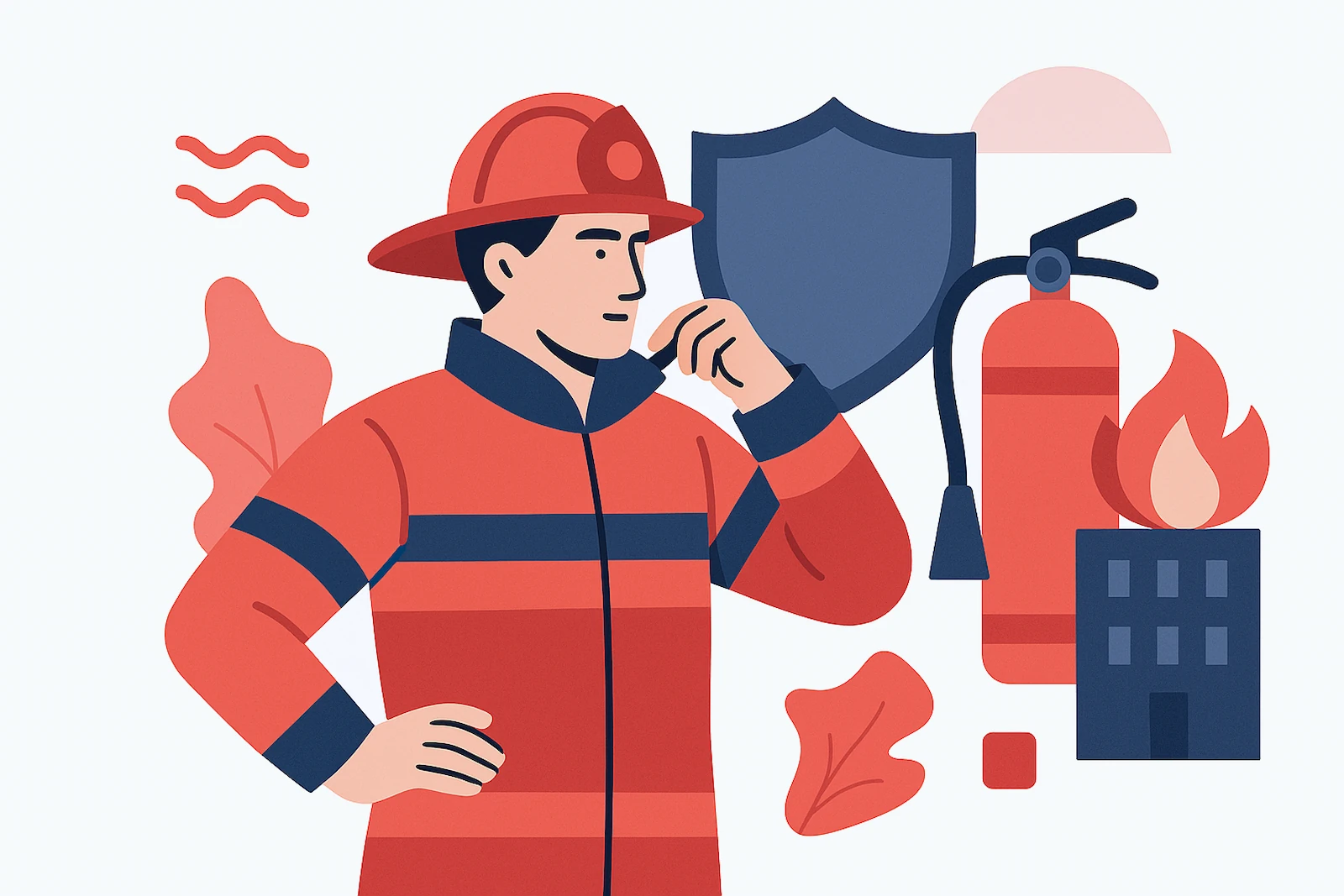 Firefighter Preparation Resources: Firefighter in gear considers readiness; shield, extinguisher, and burning-building icons.