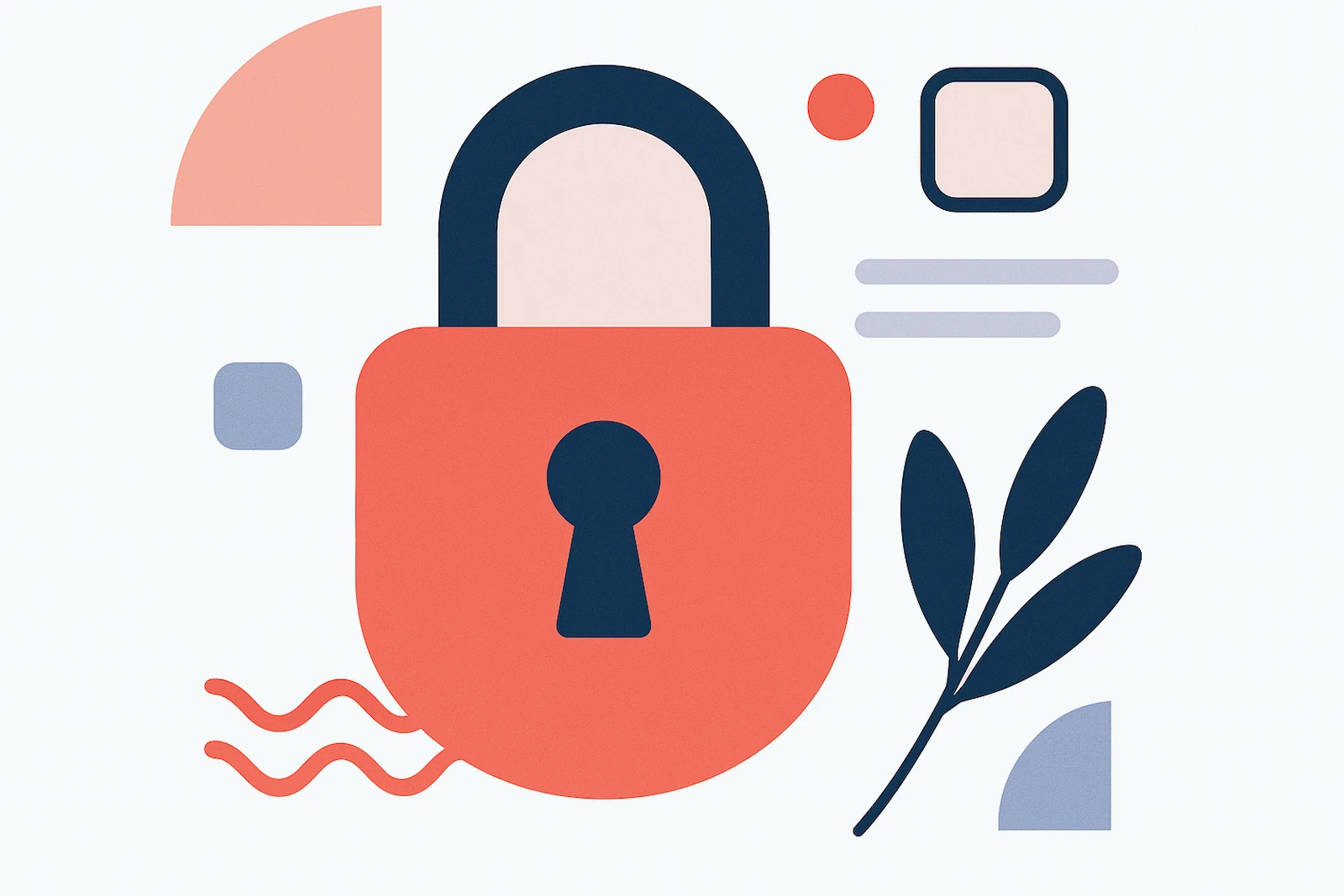 Privacy policy padlock with abstract accents and a leaf, symbolizing data protection and user privacy.