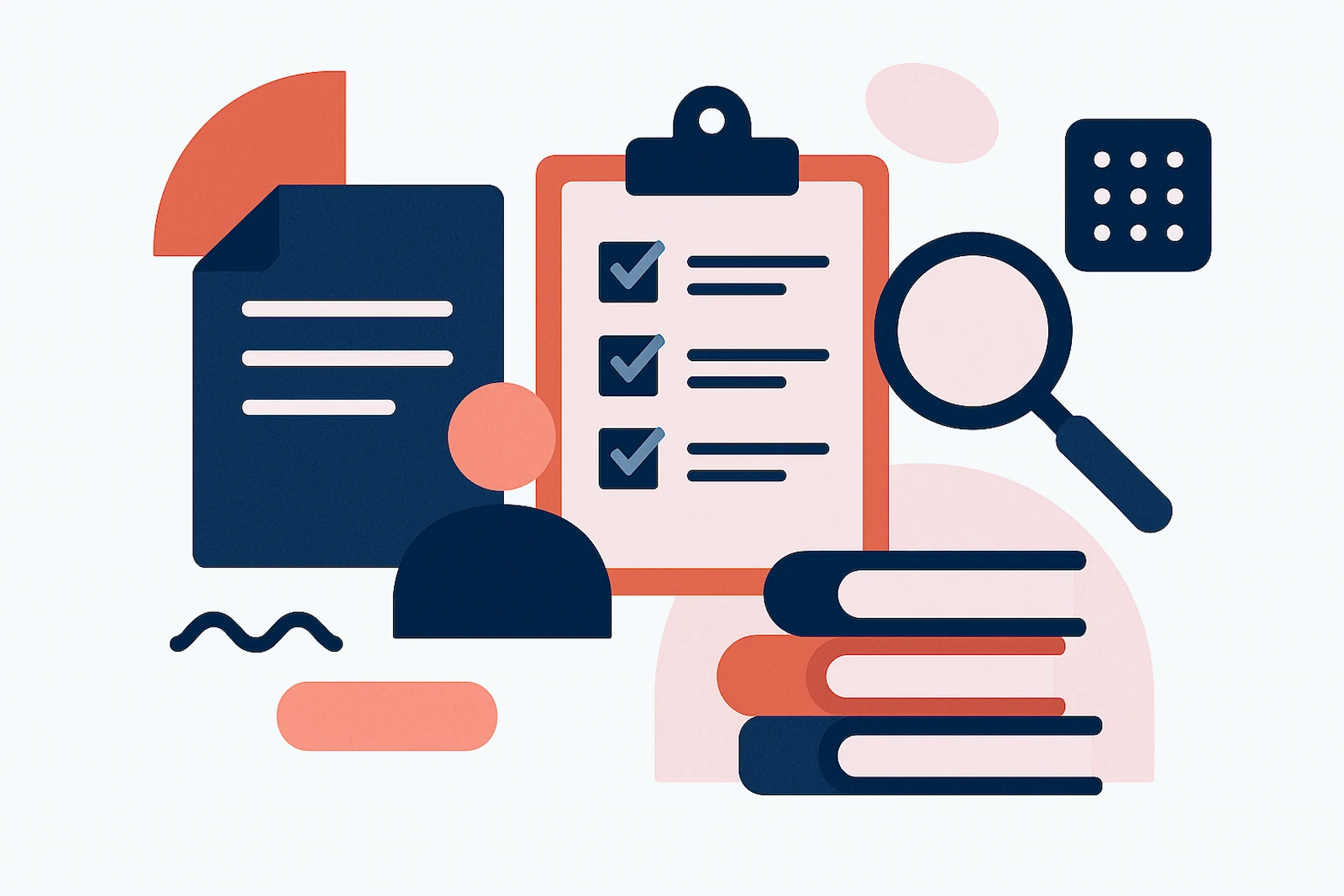 Firefighter resources and information sessions: clipboard checklist, documents, books, and magnifying glass representing curated resources and more.