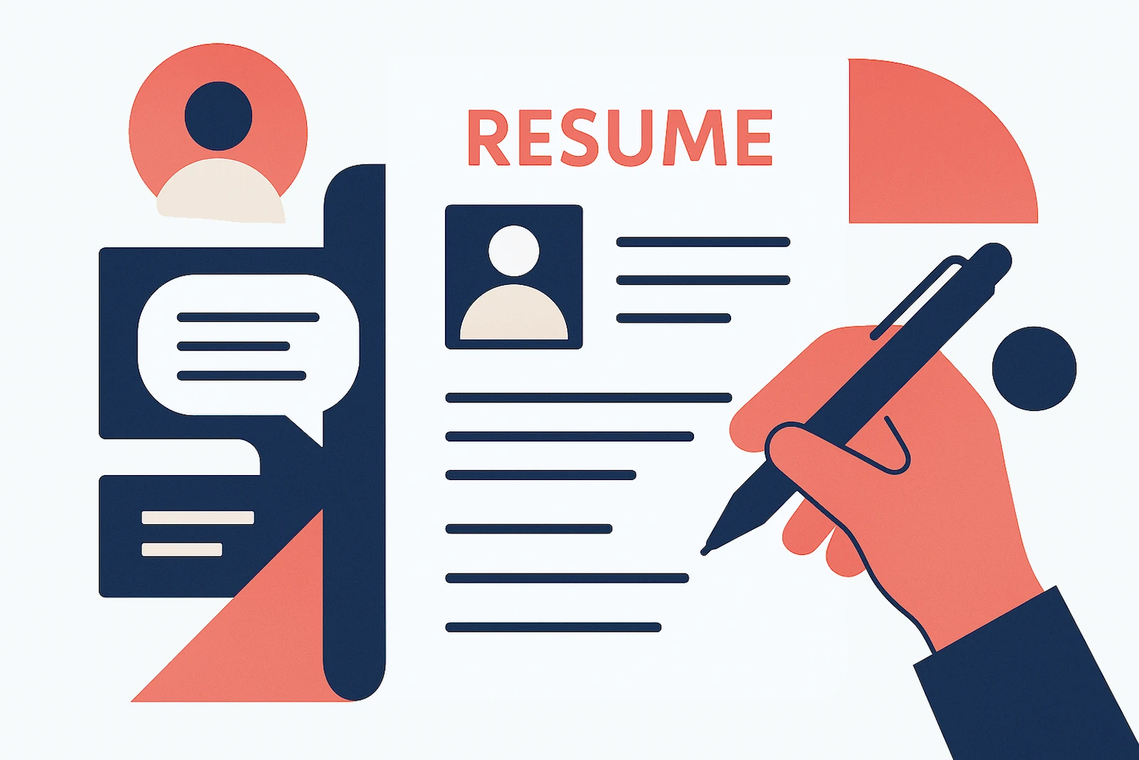 Firefighter resume writing service: hand writing a targeted resume with a profile icon and feedback notes.