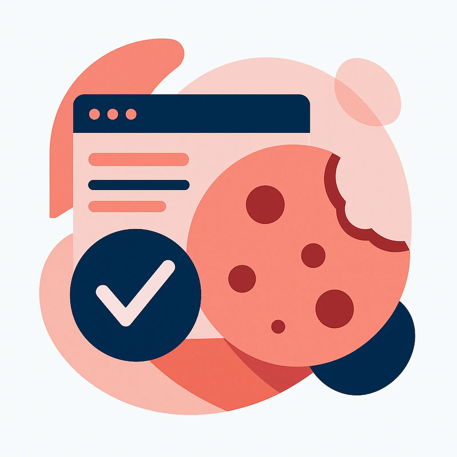 Abstract illustration of a browser window, cookie, and checkmark representing website cookie consent/policy.